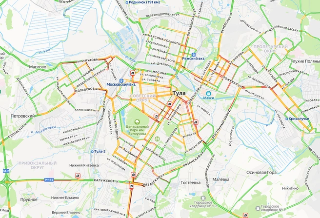 Пробки в Туле утром 14 января | Источник: yandex.ru/maps