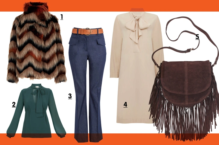 1. Шуба, Next. 2. Блузка, Atos Lombardini. 3. Брюки, Red Herring, 3 190 руб. 4. Платье, Marks & Spencer. 5. Сумка, Accessorize.