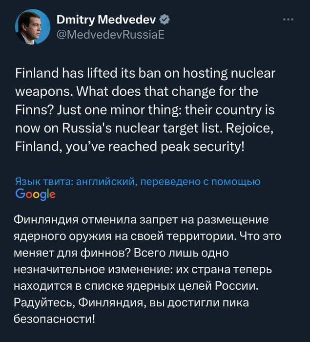 «В списке целей России». Медведев отреагировал на решение Финляндии разрешить ввоз ядерного оружия | www.fontanka.ru