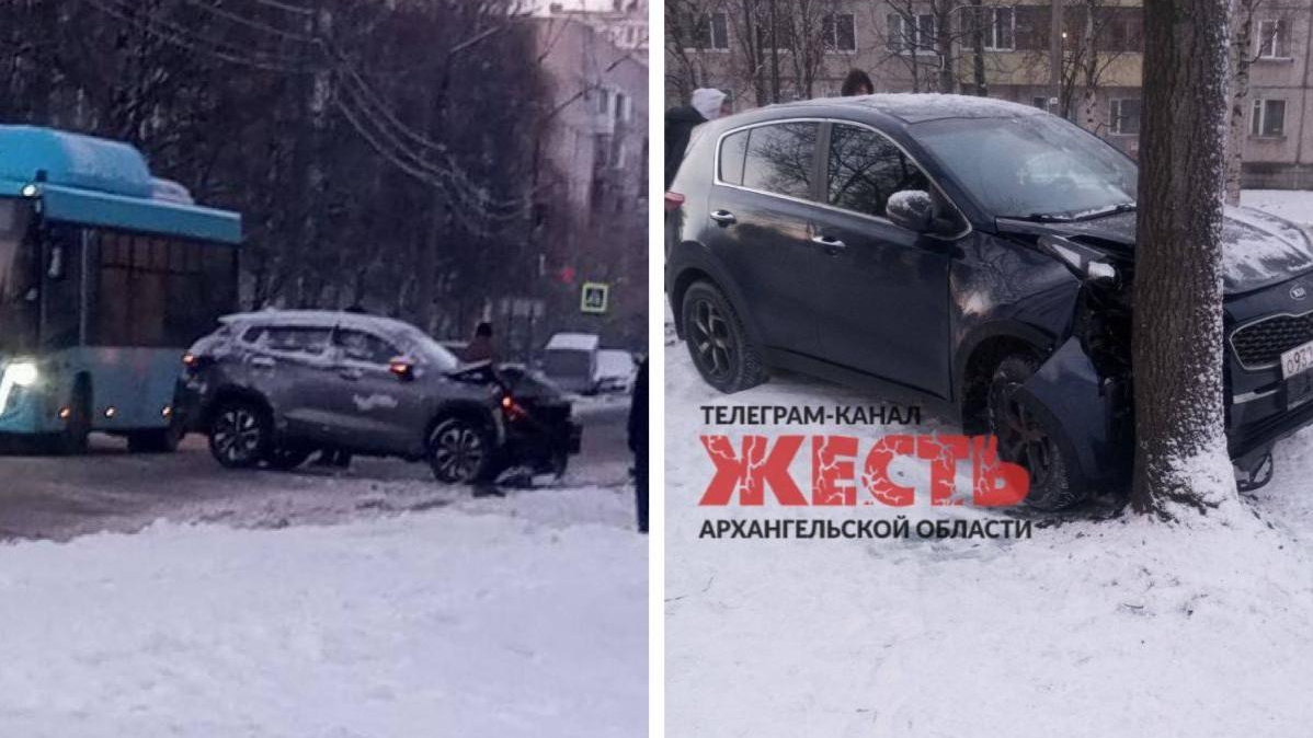 В Архангельске столкнулись два автомобиля. Один из них врезался в дерево