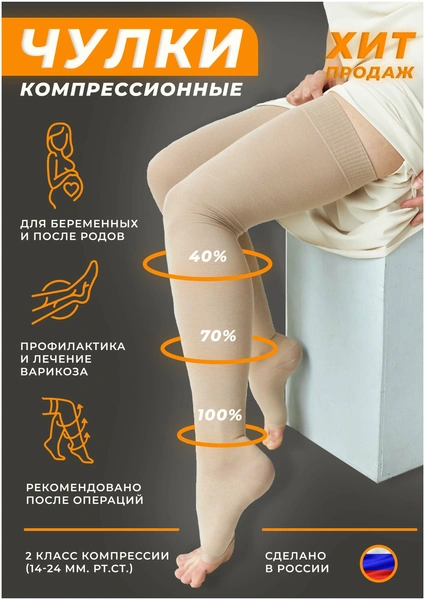 Компрессионные чулки 2 степени компрессии (14-24 мм. рт. ст, кремовые 1,2,3,4,5,6 размер