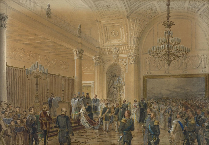 Николя Шевалье. «Свадьба Принца Альфреда, графа Эдинбургского и великой княжны Марии Александровны. Англиканский обряд». 1874 85 x 100,7 см. Королевская коллекция, Лондон