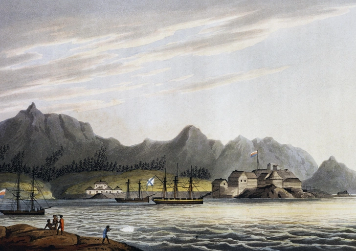 Юрий Лисянский. Кругосветное плавание на корабле «Нева» (1803–1806 гг.). Вид на Ново-Архангельск — будущую столицу Русской Америки | Источник: DeAgostini/Getty Images