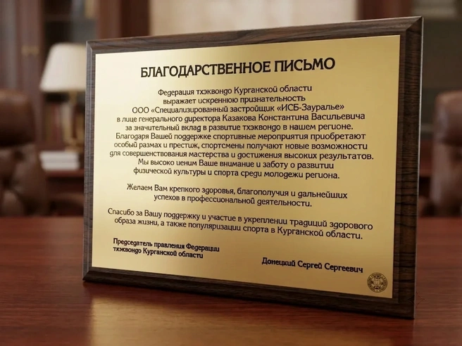 Благодарственное письмо за вклад в развитие тхэквондо в Курганской области | Источник: «ИСБ-Зауралье»