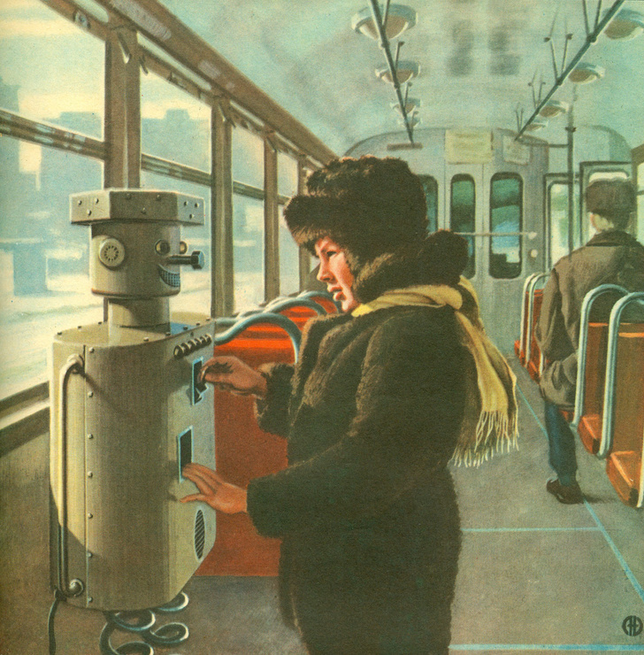 А это робокасса образца 1973-го года: ее сделали в Калининграде в кружке юных техников и установили в одном из автобусов города. Робот выдавал билеты, крутил головой, кокетливо мерцал глазами и даже разговаривал с пассажирами. На самом деле общался с ними,