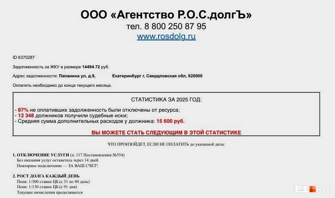 Коллекторы присылали вот такие письма-страшилки | Источник: читатель E1.RU