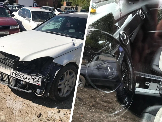 Первое фото демонстрирует внешний вид Mercedes с отсутствующими запчастями, на втором изображен салон второго автомобиля. | Источник: «ГИС Торги»