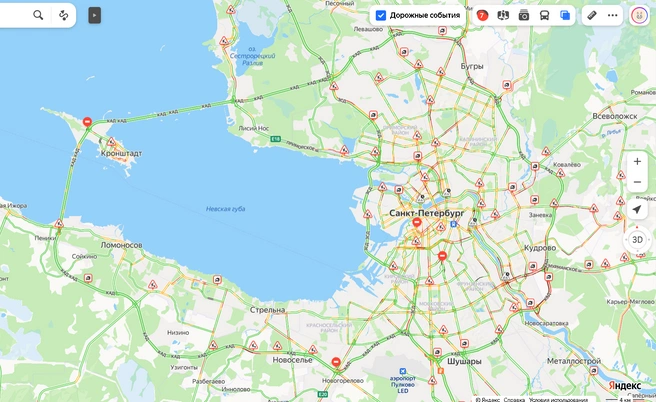 Петербург заранее встал в 7-балльных пробках. В основном — в одном месте | Источник: «Яндекс.Карты»