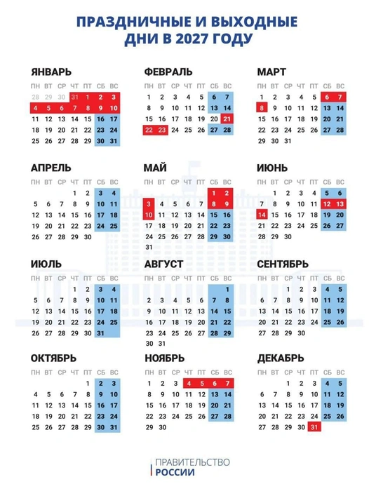 Календарь выходных на 2027 год | Источник: правительство России