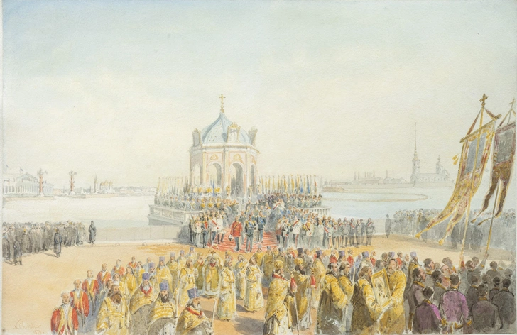 Николя Шевалье. «Праздник Водосвятия при Александре II у Зимнего дворца». 1874. Бумага, акварель. 35,1 х 55 см | Источник: архив пресс-служб