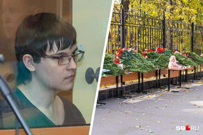 За массовое убийство в ПГНИУ и стрельбу Тимур Бекмансуров получил пожизненный срок. Слева — он в зале суда во время приговора. Справа — стихийный мемориал у кампуса ПГНИУ на следующий день после трагедии | Источник: Тимофей Калмаков / 59.RU
