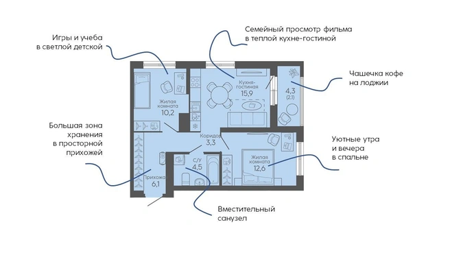 Двухкомнатная квартира площадью 54,7 кв. м с окнами на две стороны | Источник: «Синара-Девелопмент»