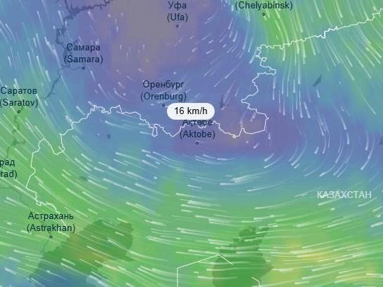 По карте видно, что на Волгоградскую область надвигается мощный поток воздуха со степей и пустынь Казахстана | Источник: Ventusky / Скриншот