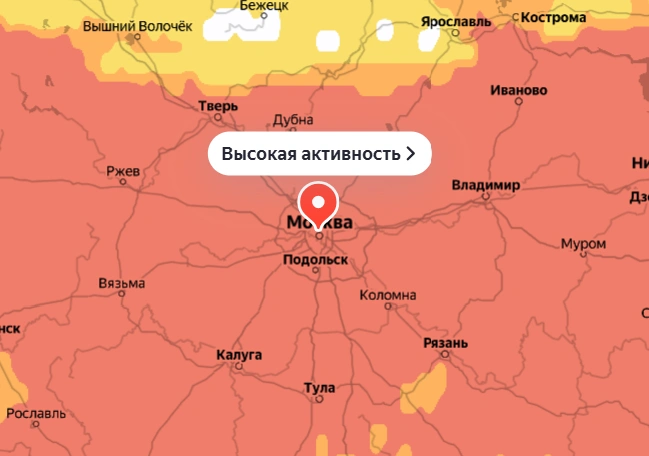 Березовой пыльцой накрыло большую часть центральной России | Источник: «Яндекс. Погода»