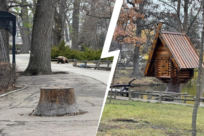 Слева на пеньке, кажется, был садовый гном с фонарем. У избушки справа больше нет Бабы-яги | Источник: Прямое включение из Городского парка / Telegram