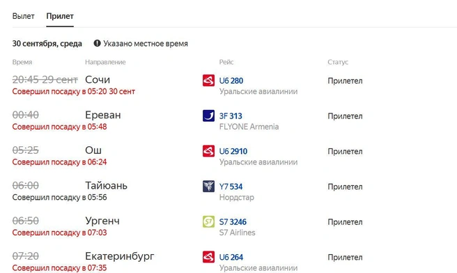 Фрагмент онлайн-табло Домодедово | Источник: «Яндекс. Расписания»