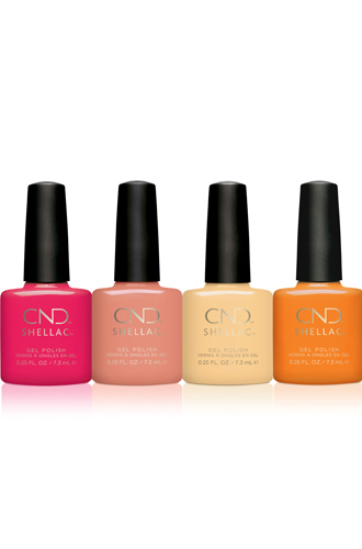 Гель-лак Shellac, коллекция Boho Spirit, CND (оттенки эксцентричный розовый Offbeat, раскованный красный Uninhibited, безграничный желтый Vagabond, одухотворенный оранжевый Gypsy)