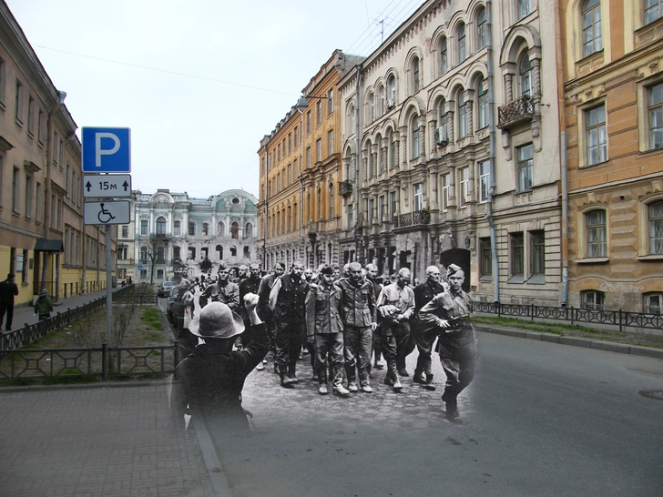 Ленинград-1942 и Санкт-Петербург-2009. Моховая улица. Пленные гитлеровцы на улицах осажденного города летом 1942 года | Источник: Сергей Ларенков