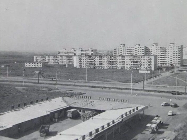1974 год. Вид на проспект Космонавтов. На переднем плане — территория будущего Северного рынка. Двухэтажное здание слева — детская поликлиника №17, которая позже переехала в новое здание рядом, а старое было снесено. | Источник: Госкаталог.рф / pastvu.com