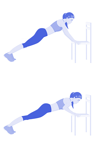 Отжимания от скамьиЭто упражнение вам уже знакомо. Поставьте руки на скамью, тело – прямое и под углом. Согнув руки, опустите корпус так, чтобы грудь едва касалась скамьи. Вернитесь в исходное положение.