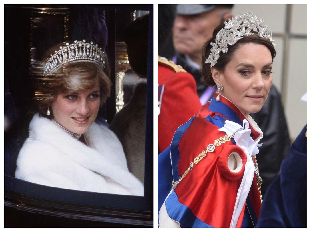 Диана, принцесса Уэльская, едет в карете по пути на открытие парламента, ноябрь 1981; Кэтрин, принцесса Уэльская, на коронации Карла III, 6 мая 2023 | marieclaire.ru