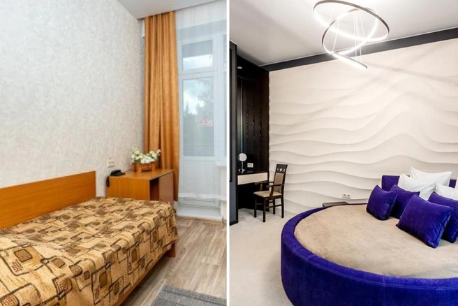 Условия, в которых предстоит отдыхать и лечиться, различаются очень заметно: слева стандарт третьей категории (от 3,5 тысячи рублей в сутки за человека, и это без лечения), справа&nbsp;— «Джуниор сюит», от 7,35 тысячи рублей в сутки за человека в сутки | Источник: krasnozersk.ru