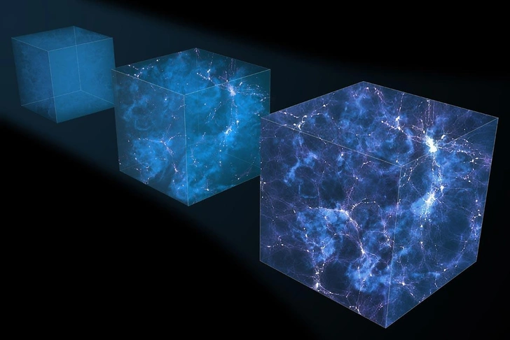 Схематично показано изменение структуры Вселенной со временем. Сегодня сверхскопления галактик собраны в гигантские нити, разделенные пустотами — войдами | Источник: Public domain