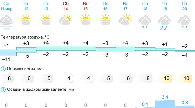 Больше всего осадков выпадет 19 марта | Источник: Gismeteo
