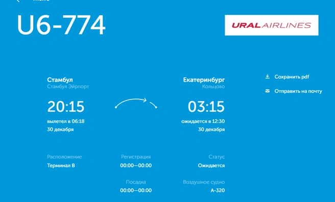Самолет должен был отправиться в рейс в 20:15&nbsp;29 декабря, но вылетел только в 06:19&nbsp;30 декабря | Источник: онлайн-табло Кольцово