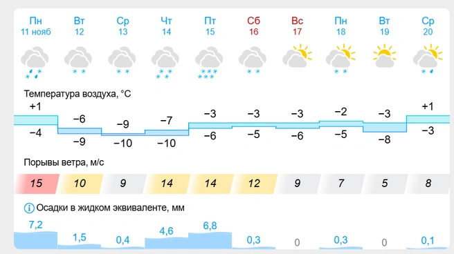 Судя по этим данным, в пятницу будет сильный снегопад | Источник: gismeteo