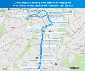Компенсационные автобусы пустили по Пушкина и Революции, Сибирской, Белинского и Куйбышева | Источник: «Яндекс Карты»; Кирилл Хафизов / 59.RU