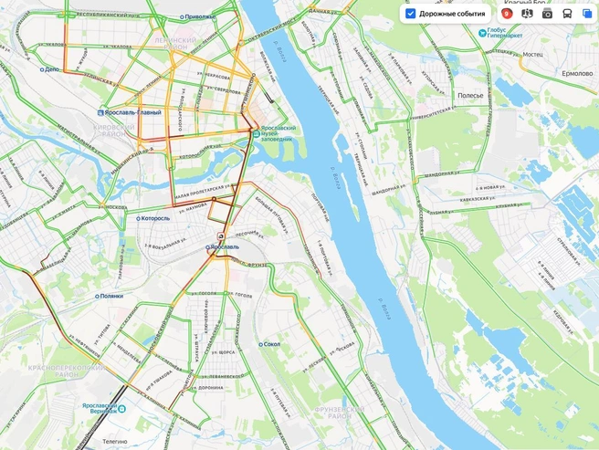 На карте «Яндекс.Пробок» участок Московского проспекта отмечен багровым цветом, что означает высший уровень загруженности. | Источник: Яндекс.Карты