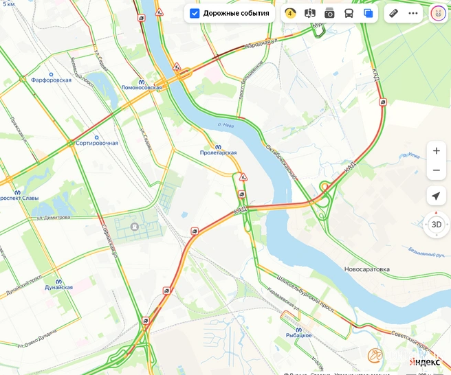 Три аварии за пару часов застопорили КАД в Петербурге. Пробка тянется на километры | Источник: «Яндекс. Карты»