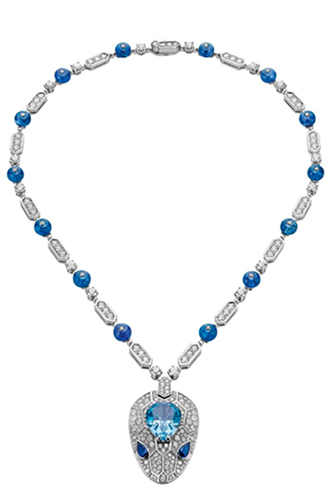 Колье из коллекции Serpenti: белое золото, грушевидный аквамарин, два грушевидных сапфира, бусины из танзанита и бриллиантовое паве.