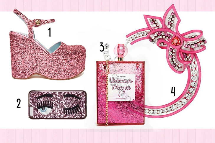 1. Туфли, Chiara Ferragni. 2. Чехол для телефона, Chiara Ferragni. 3. Клатч, Skinnydip. 4. Колье, Shourouk.