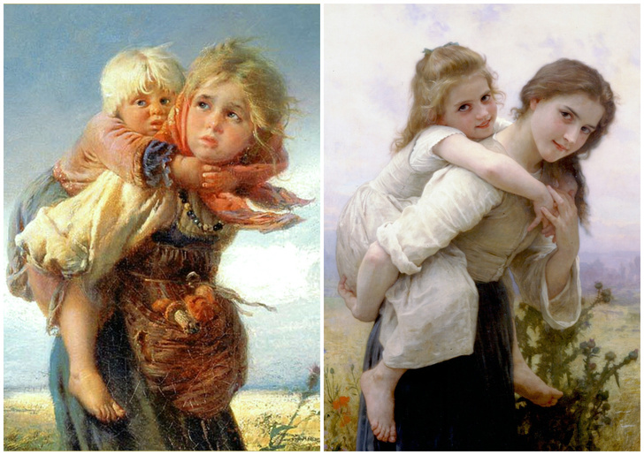 1) Константин Маковский «Дети, бегущие от грозы» (1872), 2) Адольф-Вильям Бугро «Прелестная ноша» (1895 год)