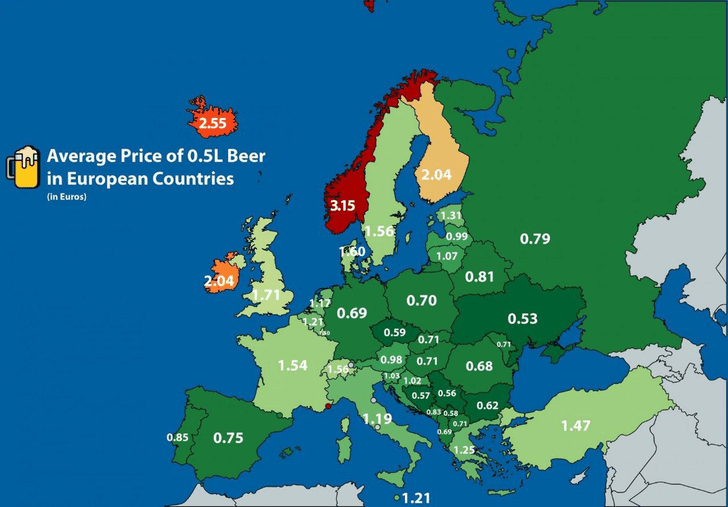 Карта: сколько стоит пиво в каждой стране Европы
