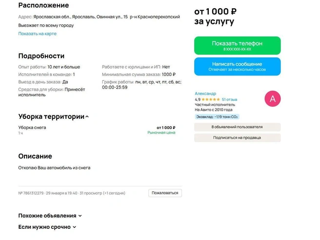 Этот специалист устанавливает минимальную ставку за работу в размере 1000 рублей в час. | Источник: «Авито»
