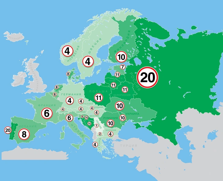 Карта: На сколько км/ч можно превысить скорость в разных странах
