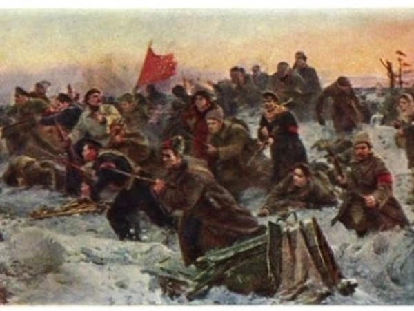 Фрагмент картины. | Источник: В. К. Дмитриевский, И. В. Евстигнеев и Г. И. Прокопинский, «Рождение Красной Армии (Первый бой с немцами под Псковом в 1918 году)»