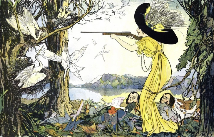 На иллюстрации изображена женщина в большой шляпе с перьями, стреляющая из ружья в больших белых птиц; две собаки с надписью «Французская модистка» складывают мертвых птиц в кучу у ее ног | Источник: Ross, Gordon / Library of Congress, Public domain, via Wikimedia Commons