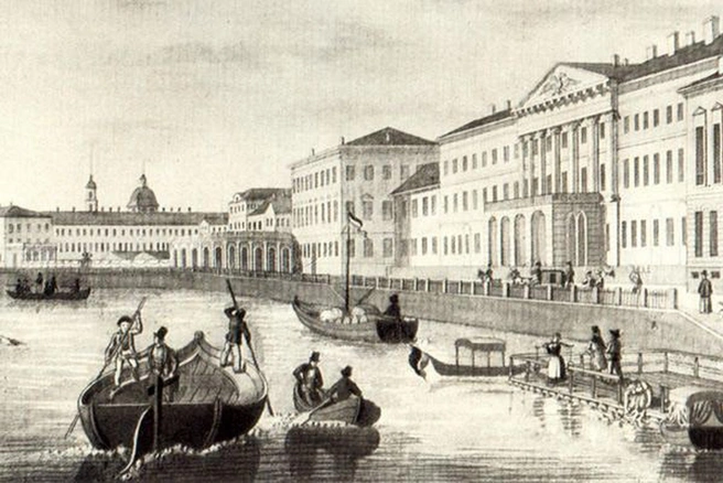 Фонтанка. Вид от Аничкова моста. Гравюра (фрагм.), 1820-е гг. | Источник: Российская национальная библиотека на Citywalls.ru