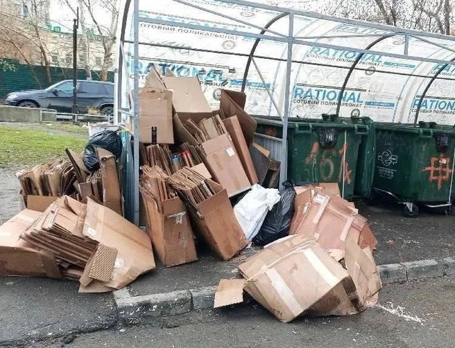 Груда картона из ПВЗ на Попова, 10 | Источник: читатель E1.RU