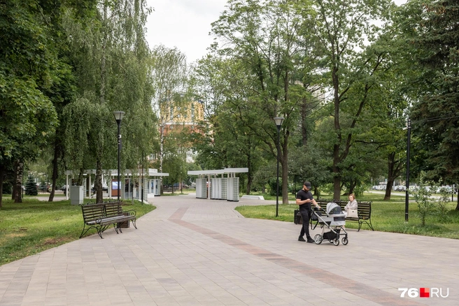 Главная аллея парка упирается в еще один монумент&nbsp;— медиаэкраны и установку с фотографиями почетных жителей Ярославля | Источник: Александр Куренной / 76.RU