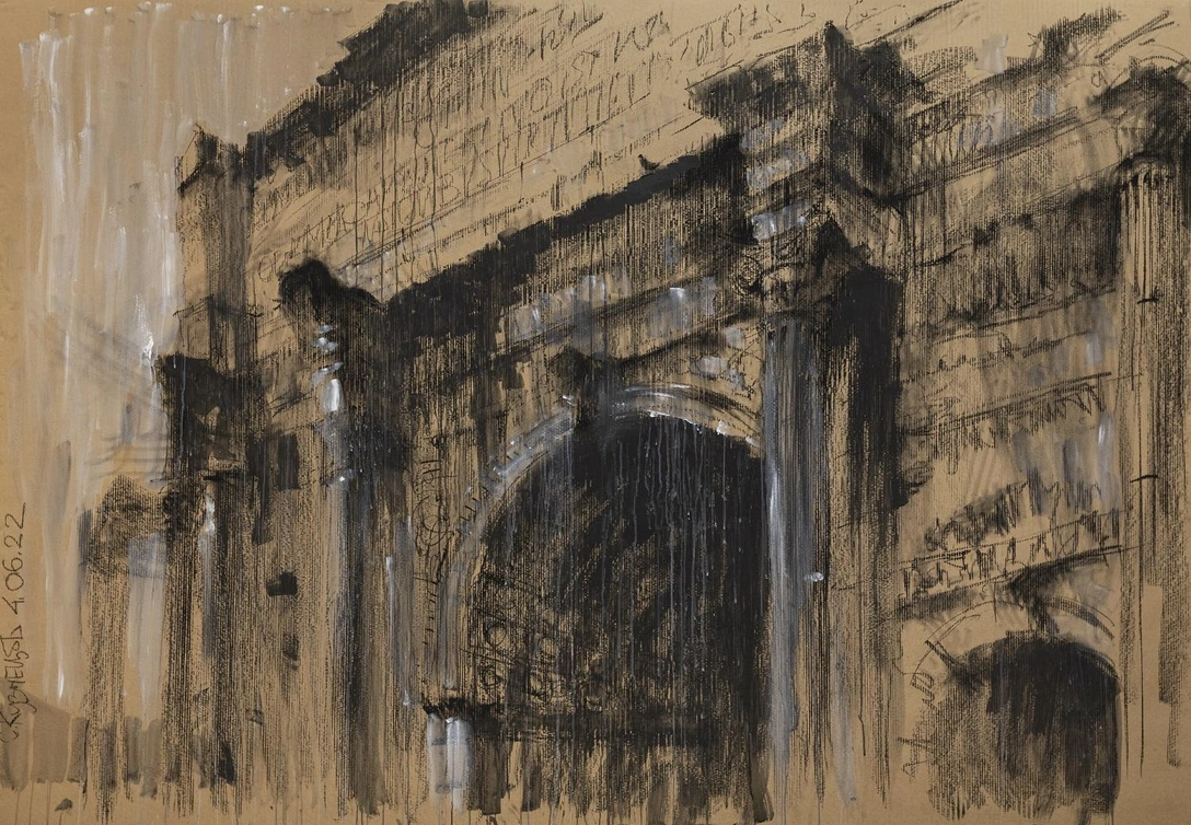 Сергей Кузнецов. «Арка Септимия Севера, Рим», 2022. Картон, уголь, белила. 200 × 300 см. Предоставлено галереей «Триумф». | Источник: Галерея «Триумф»