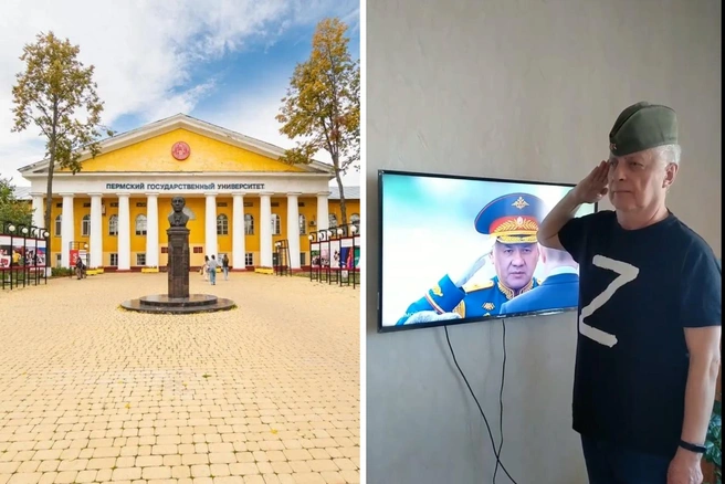 Николай Пономарев преподает в университете 27 лет. На фото справа он отдает честь 9 Мая 2022 года в пилотке и футболке с буквой «Z» | Источник: Тимофей Калмаков / 59.RU; Николай Пономарев / Vk.com