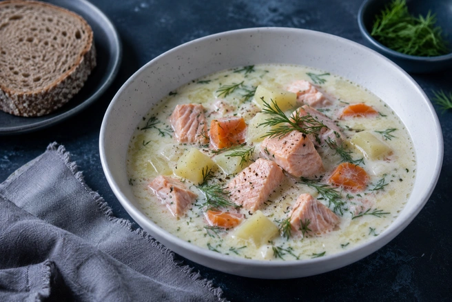 Финский суп Lohikeitto сочетает сливки и лосось и раскрывает вкус без лишних специй | Источник: GPT