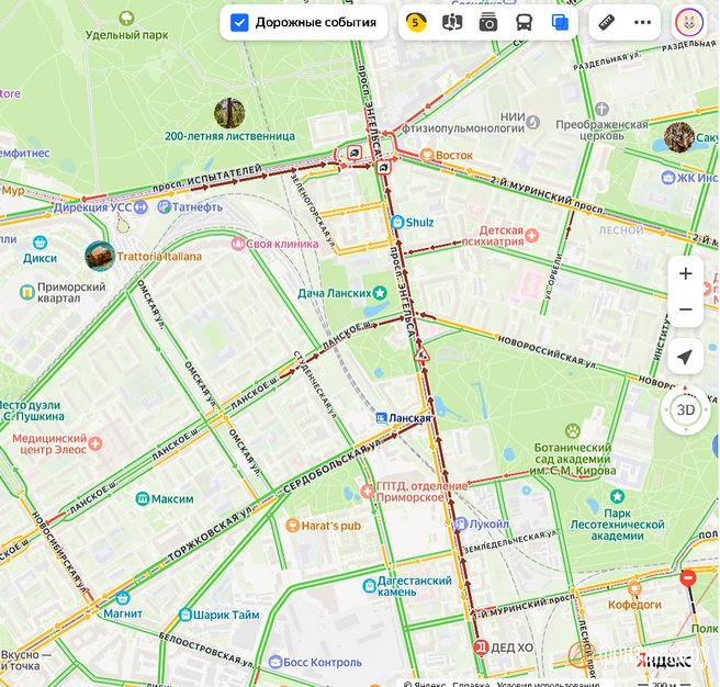 Проспект Энгельса встал в пробке в сторону Светлановской площади | Источник: «Яндекс. Карты»