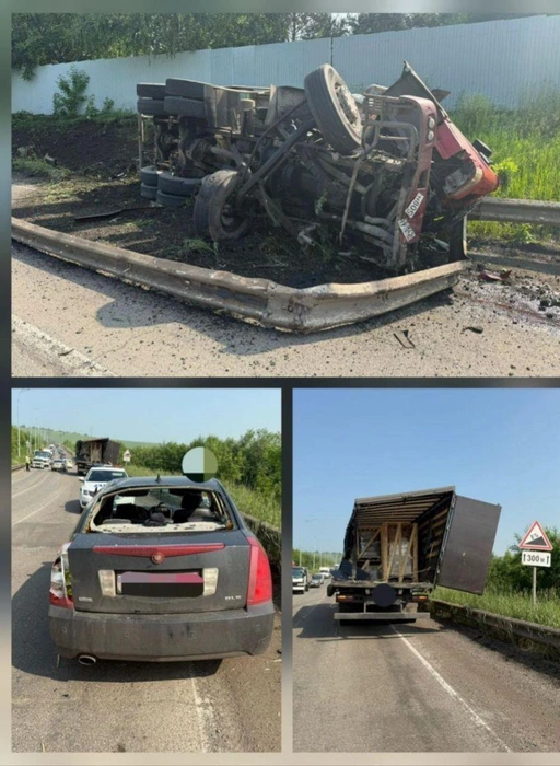В Новокузнецке на объездной дороге у крематория произошло тройное ДТП с участием грузовика и иномарок | Источник: www.city-n.ru