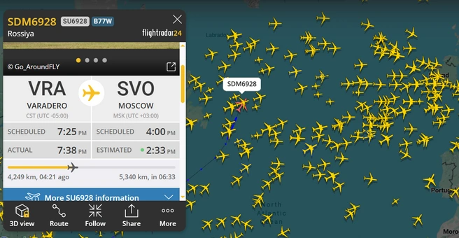 Вывозной рейс из Варадеро в Москву пролеталет над Атлантикой | Источник: flightradar24.com